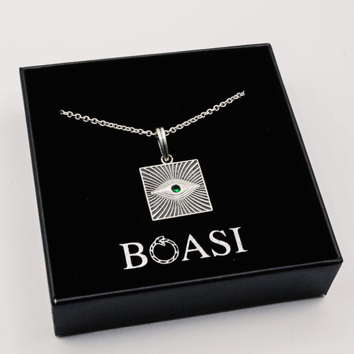 Colgante God's Eye de plata 925 BOASI con zircón verde y cadena